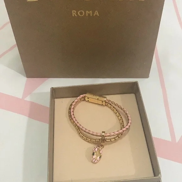 Bvlgari Snake Head Charm Metal Calfskin Bracelet Size 14.5cm - Picture 9 of 11